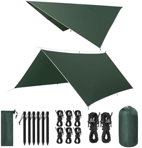 VOSOIR Bâche Anti-Pluie, 3x3M Camping Bâche Rain Tarp, Toile de Tente Imperméable Anti-UV, Léger Portable, avec 9 Oeillets +Clou en Aluminium+Corde à Vent, Randonnée, Hamac, Extérieur(Vert Foncé)