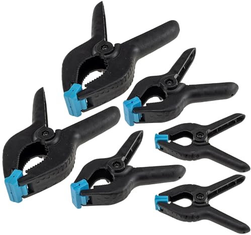 ChiliTec Montageklemmen Set 6-teilig 3 Größen Federklemmen Klemmzwingen Einhand Klemmen für Werkstatt Arbeiten mit Holz Kunststoff Öffnung bis 8,5cm