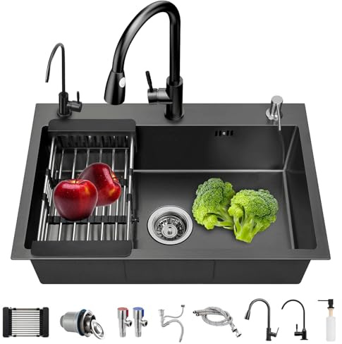 TULAZOU Fregadero de cocina de acero inoxidable 304 negro mate, 50 x 45 cm, fregadero empotrado con grifo, dispensador de jabón, grifo de agua potable (50 x 45 cm)