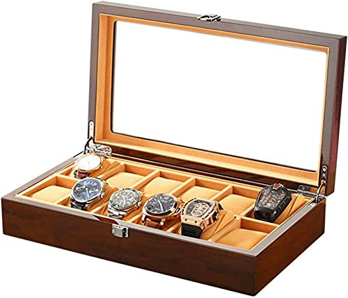 AJYBYUKJ Holz-Uhrenbox mit 12 Fächern und Glasplatte, Organizer-Hülle für alle Armbanduhren und Smartwatches, Uhrenbeweger Beauty Comes