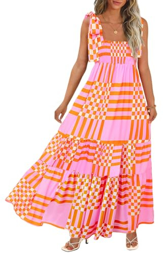 CURBODO Women Summer Maxi Dress Smocked Flowy Beach Boho Dress with Pockets