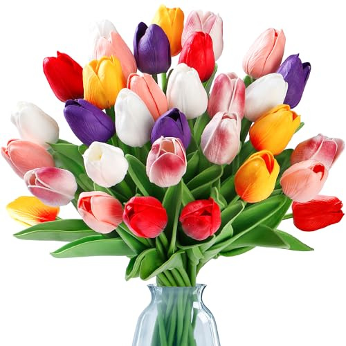 Sggvecsy 15 Pcs Fake Tulips Artificial Flowers Real Touch PU Faux Flowers Tulip Stems for Wedding Spring Bouquet Floral Arrangement Party Home Office Decorations for Mother's Day (Multi Colors)