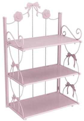 BOOMALTU Cute 3-Tier Folding Metal Shelving Bathroom Shelf,Pink Bookshelf with Bow and Flowers Decor for Storage and Display in Living Room, Bathroom, Office, Kitchen