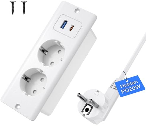 Einbausteckdose mit USB C 20W, 2 Fach Tischsteckdose mit USB A und Type-C, 4 IN 1 Tischplatte Versenkte Dreifachsteckdose mit 1.8M Verlängerungskabe,Einbau Steckdosenleiste für Büro, zu Hause (Weiß)