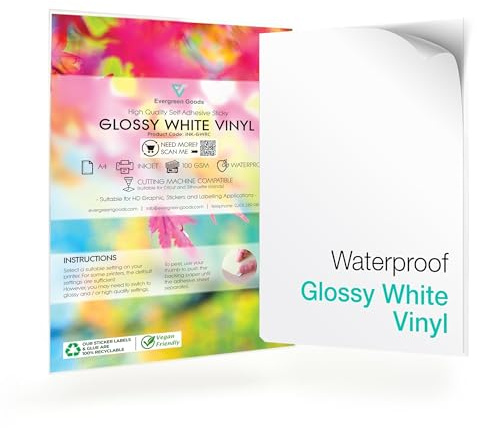Evergreen Goods 100 Blatt A4 Wasserdichtes Selbstklebendes Glänzendes Weißes Vinyl Aufkleberpapier | Bedruckbares Aufkleberpapier für Inkjet und Laserdrucker | Wasserdicht, Glänzend, Bedruckbar für Inkjet und Laserdrucker | Selbstklebende Etiketten zum Bedrucken
