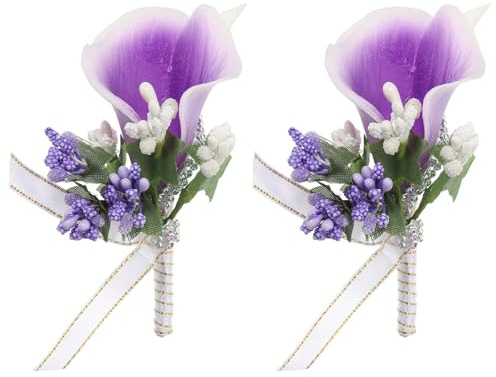 PATIKIL Calla Lily Anstecksträuße für Männer, 2er Pack Handgefertigte Bräutigam Bräutigamsmen Anstecksträuße mit Nadeln für Hochzeitszeremonie Jubiläumsparty Abschlussball, Weiß/Lila