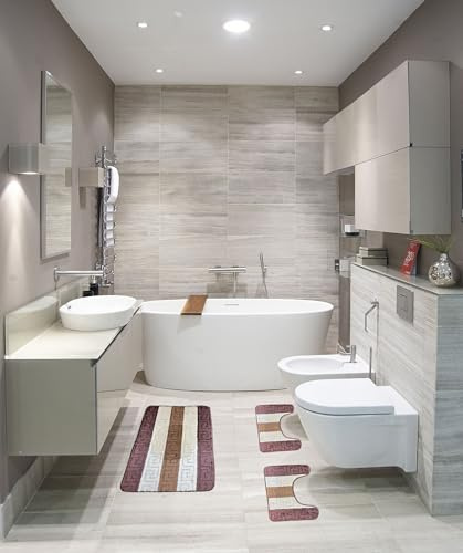 HOME ZEN HOUSEHOLD LINEN Set di Tappeti da Bagno 3 Pezzi ATENE, Disegno Greco in Rilievo, con Gomma Antiscivolo, Tappeto 45x75 cm, 2 Girowater 45x38 cm (MARRONE)