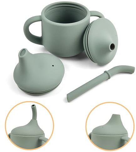 Pumpkin Products® Premium Stage One Sippy Cup, Silikon, Baby & Småbarn. 3-fasbägare, sugrör och öppet lock kopp, två handtag 120 ml/4 oz (salvia grön)