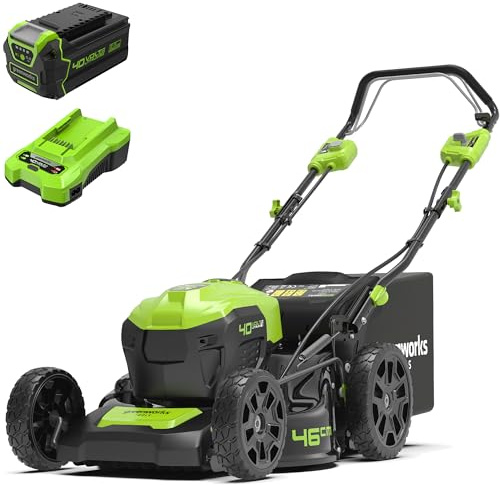 40V Akku-Rasenmäher Greenworks selbstfahrend mit bürstenlosem Motor für größere Flächen bis zu 600m² GD40LM46SP, 46cm Schnittbreite, 3 Jahre Garantie & 40V 2A Universal Ladegerät G40C +5Ah Akku G40B5