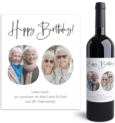 80. Geburtstag Weinetiketten personalisiert mit Foto Flaschenetiketten selbst gestalten Geburtstagsgeschenk Geschenk Fotogeschenk Weinflasche Etiketten 2 Stk. | 10x12 cm