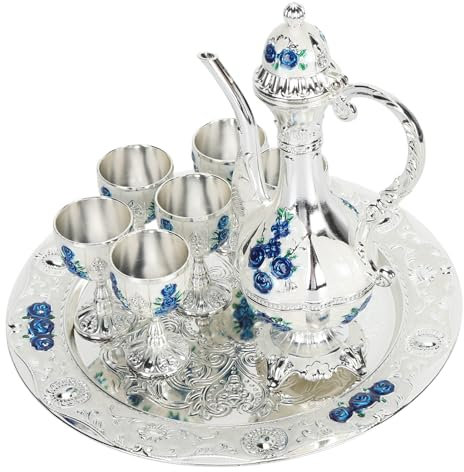 Service à thé vintage, ensemble de cafetière turque vintage en alliage de zinc, ensemble de tasses à café rétro avec plateau, théière, pot à vin, verres à vin décoratifs en métal (Sliver Blanc Bleu)