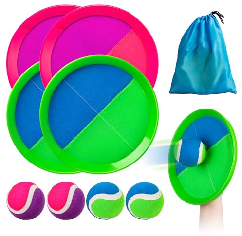 INPODAK Captura Bolas Raqueta Set Pelota Impermeable y Juego de Lanzamiento Juguetes Exterior Interior Jardin Playa Piscina para Niños 3-12 Años Set de 4 Pelotas 4 paletas con 1 Bolsa