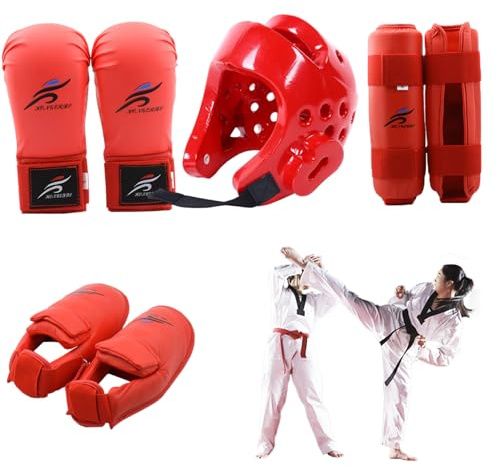 Taekwondo Sparring Gear, Karate Sparring Gear skyddande polyester Taekwondo inkluderar 1 st hjälm, 1 par handskar och 1 par benskydd, även för cykling, kampsport och mer, röd, M