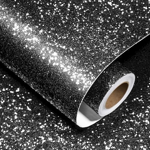 Decotalk Selbstklebende Tapete Schwarze Glitzer Klebefolie für Möbel 40X300cm Wand Tapeten Wohnzimmer Flur Glitzerfolie Möbelfolie Selbstklebend Vinyltapete Schrankfolie Kindertapete Abziehbar