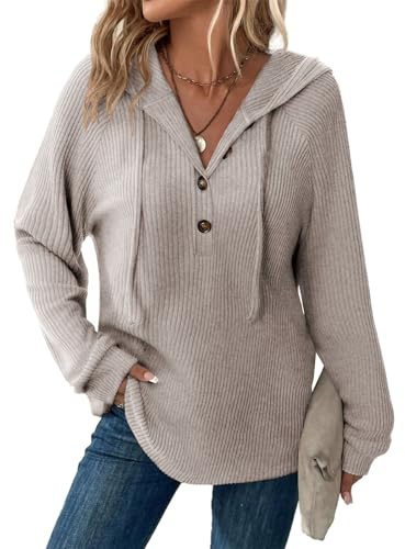 Tanmolo Pullover Damen Hoodie Leichter Sweatshirt | V-Ausschnitt, Knopfleiste, Kapuzenpullover, Weicher Strickpullover, Langarm, Herbst und Übergangszeit