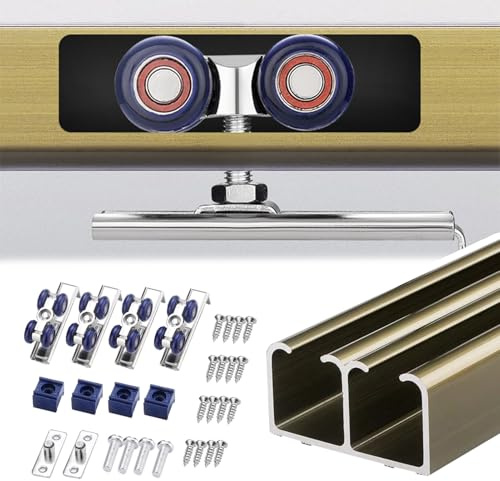 Binario per Porta Scorrevole Binario per Porta Scorrevole a 2 Ante, Kit di Binari per Ante Scorrevoli con Rotelle, Kit per Porte a Scomparsa in Alluminio, Montaggio a Soffitto(Champagne,2.0m/6.6ft)