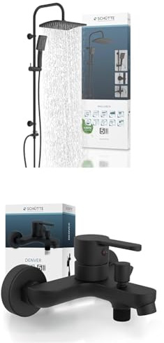 Bundle aus Schütte Duschset MALLORCA Duschsäule mit großer Regendusche, Handbrause mit 3 Strahlarten, Schwarz Matt + SCHÜTTE DENVER Wannenfüllarmatur Schwarz matt, Mischbatterie für die Badewanne