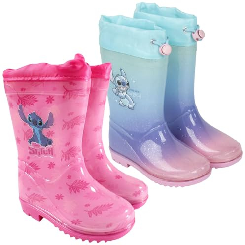 Disney Stitch Stivali da Pioggia Bambina Galosce in PVC Impermeabili Rain Boots Rosa con Dettagli Fucsia e Coulisse Para Schizzi Stivaletti Antiscivolo Cartoon [4253 Rosa Stitch - 30]