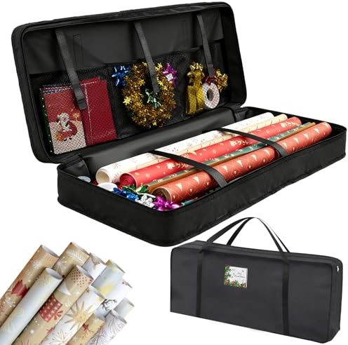 Geschenkpapier Aufbewahrung, Aufbewahrungstasche für Geschenkpapier Organizer, 600D Oxford Mit Fächern, für Rollen Geschenkpapier, Dekorationen, Bänder—82x34x13cm, Schwarz