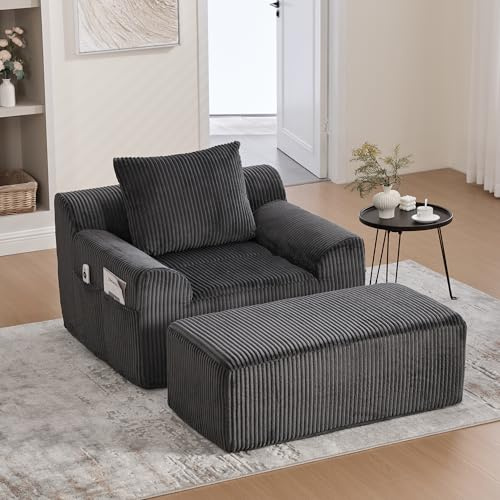 HAUSPROFI Schlafsessel aus Cord, 147x110x67cm Sofa Sessel mit Hocker, Seitentaschen und Kissen, Boneless Sofa für Wohnzimmer, Schlafzimmer Keine Montage Erforderlich (Grau, 147x110x67cm)