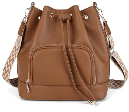 Gladdon Damen Beuteltasche Umhängetasche PU Leder Schultertasche mit Reißverschluss Fach Crossbody Tasche Bucket Bag mit breitem Gurt Freizeit Büro Alltag(Braun)