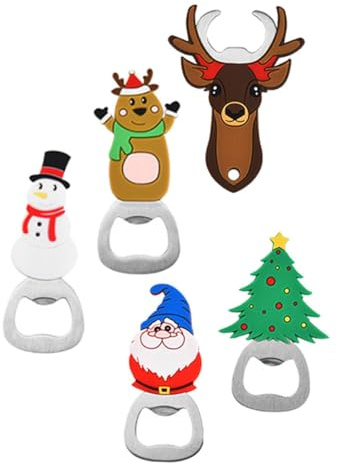 NUOBESTY Apribottiglie Portatile 5 Pezzi a Tema Natalizio in Acciaio Resistente e Silicone Antiscivolo Set Apribottiglie Professionale per Birra per Feste Cucina e Campeggio