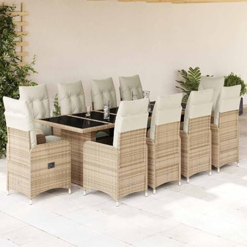 Tonture Ensemble bistro de jardin 11 pièces en polyrotin beige, fauteuils réglables, table de 240 x 90 cm, meubles d'extérieur avec coussins, balcon et terrasse, durable, résistant aux intempéries