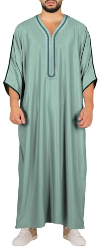 2026 Eid Ramadan Abaya bescheidener Herren-Kaftan mit Seitentaschen, ethnisches Design, mittellang, Bademantel, für Herren, grün, L