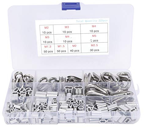 Juego de 225 piezas de manguitos de engarzado con dedal para cable de acero, surtido de herrajes de aluminio y acero inoxidable de M1.2 a M5 para aplicaciones eléctricas y marinas