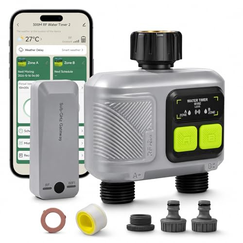 Johgee 2-vägs wifi-bevattningstimerare, med RF 433-teknik, automatisk bevattningstimer med regntid, 2 bevattningslägen, Smart APP-fjärrkontroll för trädgård, gräsmatta