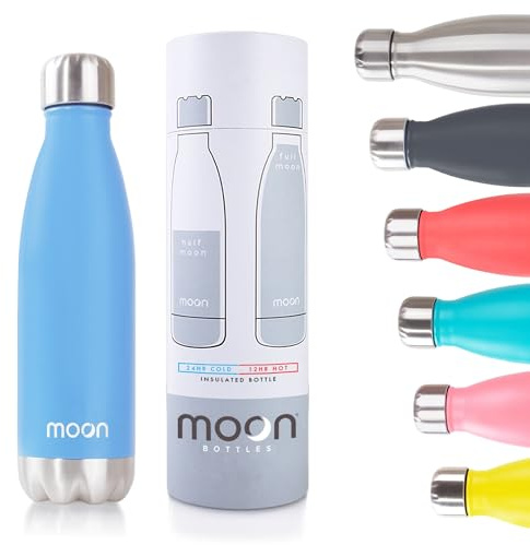Moon Bottles - Insulated Water Bottle that Lasts Forever - 18/8 Stainless Steel Vacuum Flask - Double Walled Drink Bottle - Thermal Metal Flasks, Leakproof, 24hrs Cold & 12 Hot (500ml, Sky Blue)