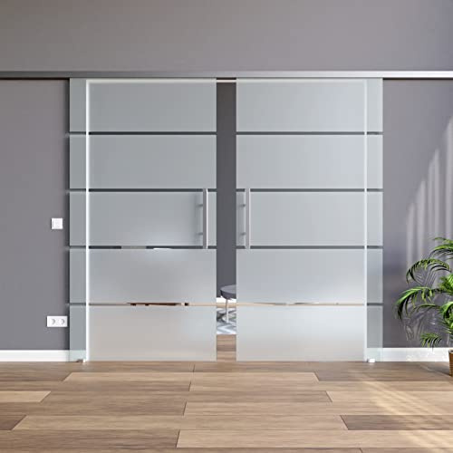 BP1-900-420GR-AS-DPL: Schiebetürsystem doppelflügelig ESG 2x900x2050x8mm Dekor P1, Siebdruck; Schienensystem ALU SlimLine SoftStop; Griffstange eckig 420