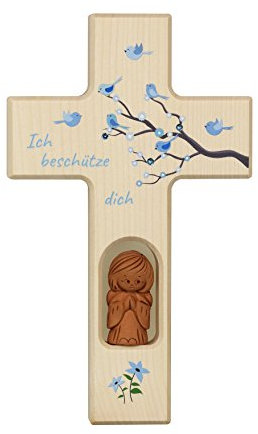 Neumeyer Kinderkreuz Holzkreuz, Tonengel, Holz, Ton, Natur, 20 x 12 x 2 cm