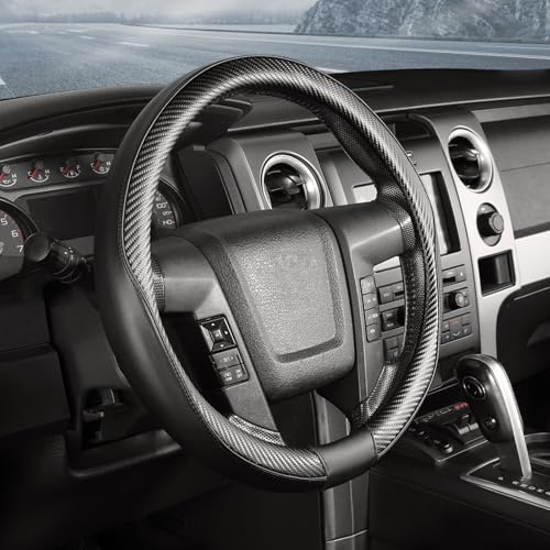 SEG Direct Car Steering Wheel Cover Large-Size for F150 F250 F350 Ram 4Runner Tacoma Tundra Range Rover with 15 1/2-16 Outer Diameter Leather with Carbon Fiber Pattern Black