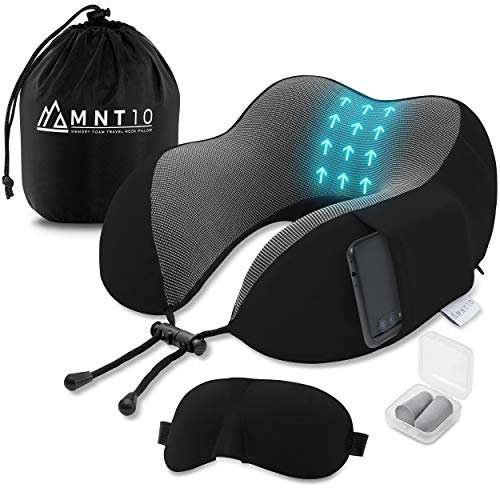 MNT10 Reise Nackenkissen mit weichem Memory Foam I Reisekissen für das Flugzeug, Auto, Zelten I Nackenhörnchen Memoryschaum + GRATIS Schlafmaske, Ohrenstöpsel und Tragetasche