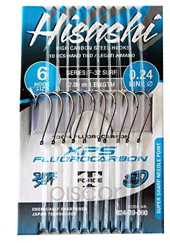 Trabucco HISASHI Surfcasting Lenza – Jag älskar F-32 SURF smidd svart nickel med öglor – XPS 100 % 2 meter fluorkolväte – havsfiske (krok #10 | Ø 0,18 mm | 200 cm)