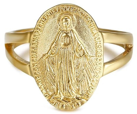 BOBIJOO JEWELRY - Ring Siegelring Jungfrau Maria der Wundertätigen Medaille 1830 Edelstahl 316L mit Gold Vergoldet Plattiert - 16,9 (6 US)