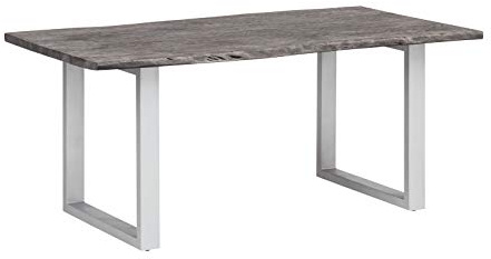 Woodkings® Esstisch Bullwer Holz Akazie grau, Metallfuß, Tisch mit Baumkante, Baumtisch, Baumkantentisch, Echtholz modern, Design, Massivholz, Küchentisch, Esszimmermöbel (140 x 90 cm, Silver)