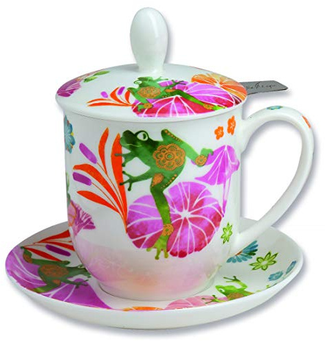 TeaLogic Kräuterteetasse Set Fritz - mit Edelstahlfilter I Tea Logic Becher mit Frosch - Froschkönig Motiv - Fine Bone China - 4 TLG. (0,35ml)