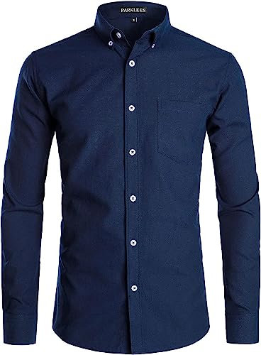 PARKLEES Men's Slim Fit Long Sleeve Smart Casual Button Down Oxford Shirts PZ111 Navy XXL