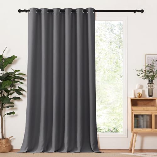 Pony Dance grå gardiner för vardagsrum, mörkläggningsgardiner, 1 styck, H 260 x B 200 cm, ogenomskinligt öljettskynke, långa gardiner för balkongdörr och skjutdörr