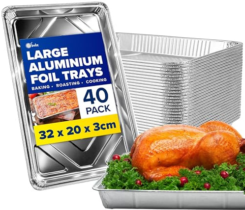 ebake Aluminium Foil Trays - 40 Pack Disposable Foil Containers (32cm x 20cm x 3cm) - Large Roasting Tin for Baking, Roasting, Cooking, Broiling, BBQ and Food Storage - Foil Baking Trays for Oven