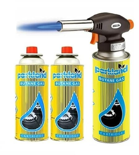 Blow Torch Butane Gas Cylinders Kitchen & Catering Cooking Kit, Camping Gas Canister for Camping Stove, Blowtorch COOKER CAMPING HEATER BBQ Gas Bottles Cook Brulee Tarts Pies (1X Torch 4x Gas Refills)