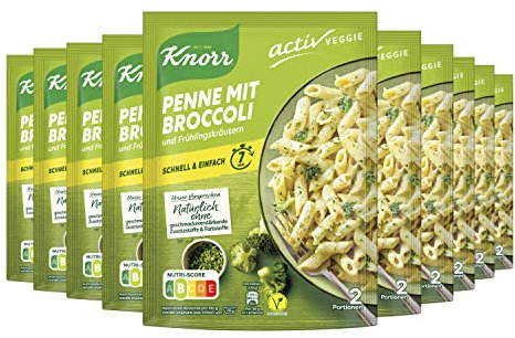 Knorr Activ Veggie Nudel-Fertiggericht Penne mit Broccoli und Frühlingskräutern Nudelgericht ohne geschmacksverstärkende Zusatzstoffe und Farbstoffe 146 g 10 Stück
