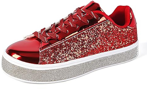 UUBARIS Sneakers da tennis da donna con glitter neon elegante scintillante scarpe da sposa con strass Bling scarpe da sposa lucido paillettes scarpe, Glitter rosso., 38 EU