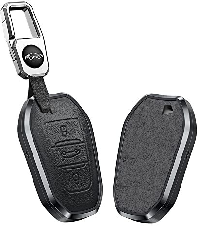 KUNIO Schlüsselhülle Passt für Peugeot 308 408 508 208 2008 3008 4008 5008 für Citroen C1 C2 C3 Cactus DS3 DS4 DS5 DS6 Aluminiumlegierung Leder Autoschlüssel Hülle Schlüsselanhänger Etui Schwarz
