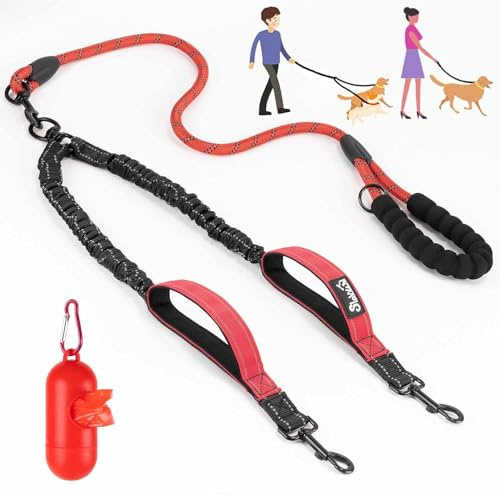 SlowTon Double Dog Lead for Walking 2 dogs No Tangle - 360° Swivel Heavy Duty Reflective Adjustable Dual Splitter with Soft Padded Handle, Comfortable Shock Absorbing Leash for Small Medium Dogs
