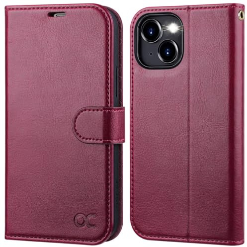 OCASE Kompatibelt för iPhone 15 Skal Mobilskal [Premium PU-läder] [Kortfack] [Stativfunktion] RFID Skyddsskal Flip-fodral Mobilskal Läderfodral Vinröd