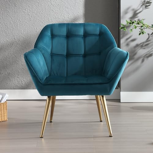 chairus stoppade badstolar sammet enkel soffa accentstol för vardagsrum modern fåtölj cocktailstol med metallben (blå-1)