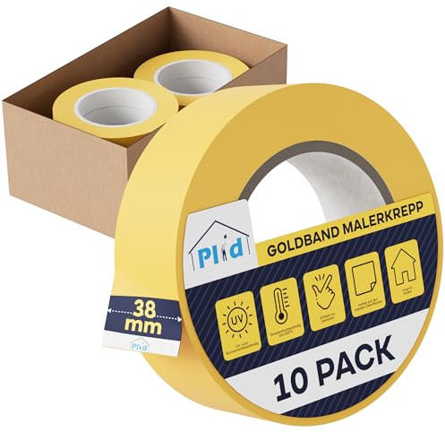 Plid Goldband Malerkrepp – 10 Rollen - 38 mm × 50 m – Malerklebeband | Kreppband | Abklebeband | Für Wand, Holz, Metall, Putz & Glas | Präzise Farbkanten | Innen & Außen